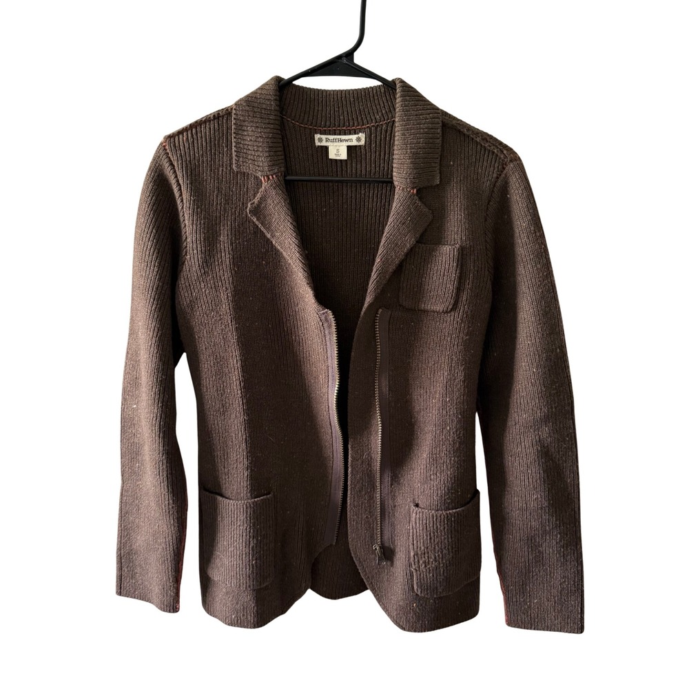 RuffHewn Womens Brown Wool Blend Full Zip Ribbed Cardigan Sweater Jacket Small